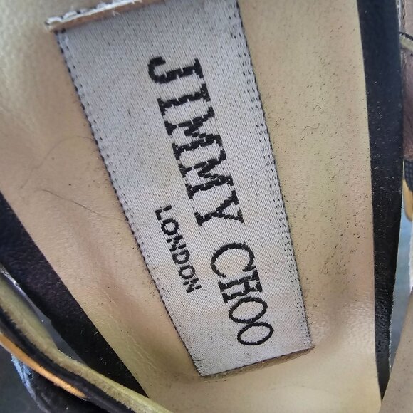 Jimmy Choo Black Leather & Gold Snake-Print Heeled Sandals With Buckle Closure S - Picture 10 of 13